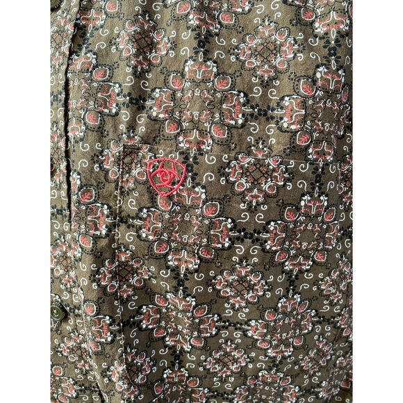 Ariat Mens M Brown & Pink Paisley Long Sleeve Western Pearl Snap Shirt - Picture 10 of 11
